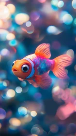 Vibrant cartoon goldfish amid dreamy bokeh waterscape.
