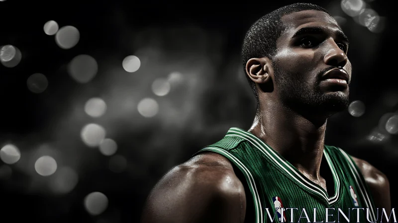 Focused basketball player in green jersey under arena lights.