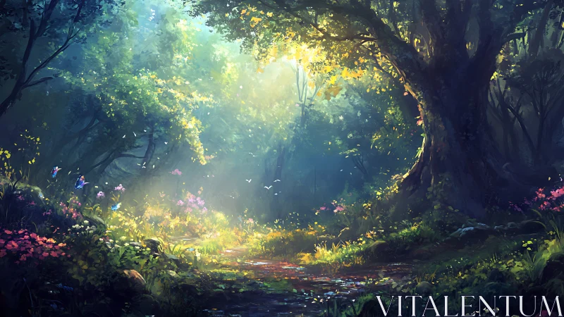 Illuminated Forest Pathway with Flowering Vegetation and Light Rays