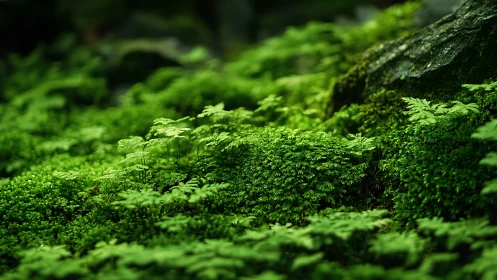 Lush Forest Moss and Ferns in Soft Natural Light, Macro Photography.