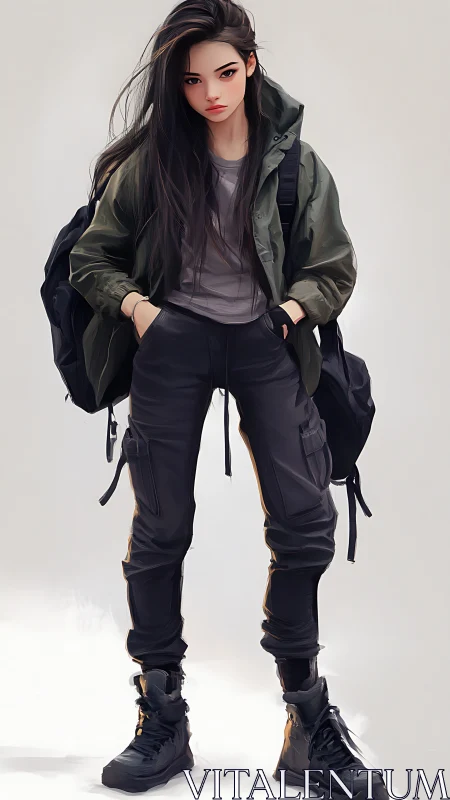 Digital illustration shows girl in casual tactical streetwear