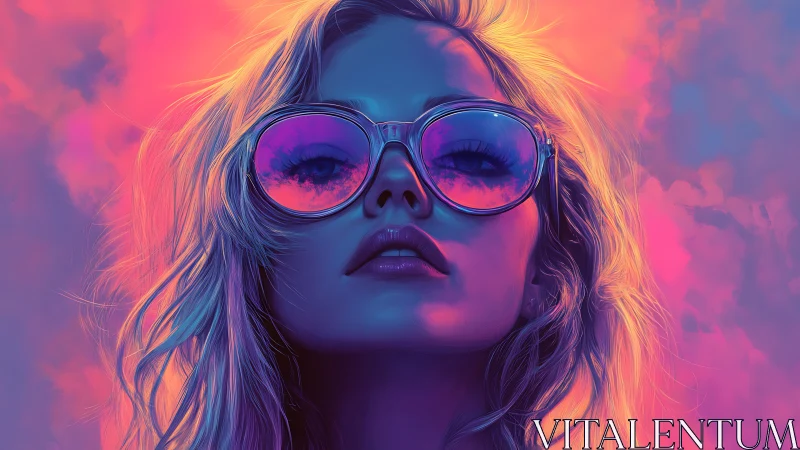Neon-lit female portrait renders chromatic sunglasses reflection