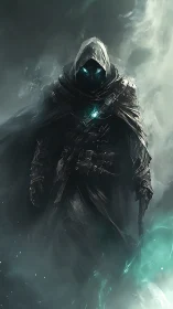 Hooded spectral warrior emerges from swirling teal mist