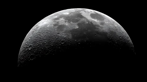 Crescent moon reveals cratered surface in stark contrast.