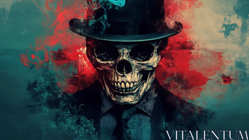 Skull-headed figure in suit with hat on abstract backdrop.