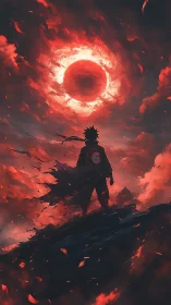 Lone shinobi beneath a burning crimson eclipse sky.