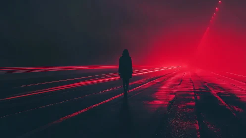 Solitary figure in neon red fog walking through night highway