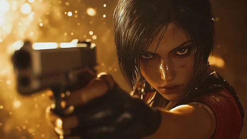 Intense female fighter aiming handgun in golden light.