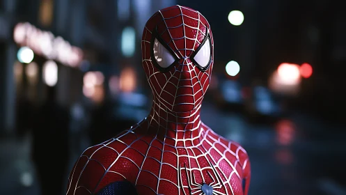 Spider-Man suit rendered in sharp night street close-up