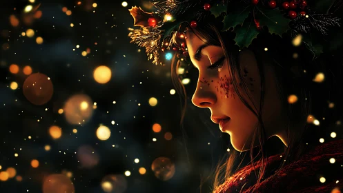 Winter lights drift gently around a thoughtful holly-crowned girl