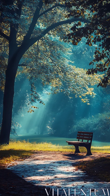 Solitary Bench Beneath Golden Canopy: Hyperreal Landscape Composition.
