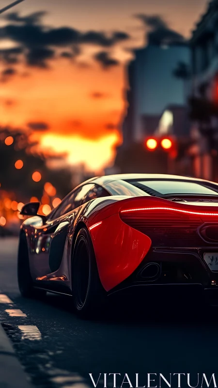 Supercar rear view under vivid sunset city lights.