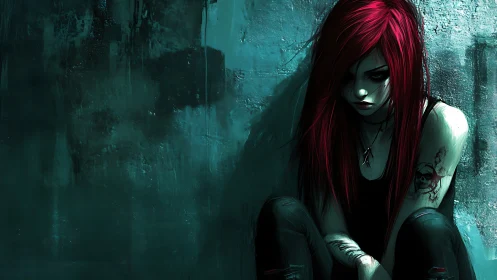 Crimson-haired rebel folds herself into the concrete gloom