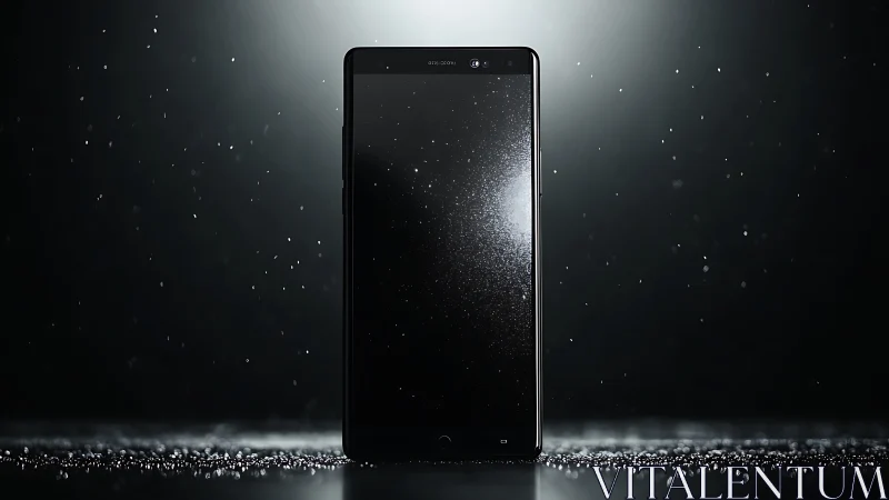 Dark smartphone against dramatic particle rain effect.
