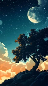 Solitary tree on rocky slope under moonlit star field.