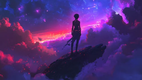 Dreamer on a glowing cliff beneath a cosmic neon sky.