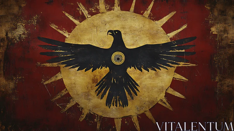 Black raven silhouette spreads wings over worn golden sun