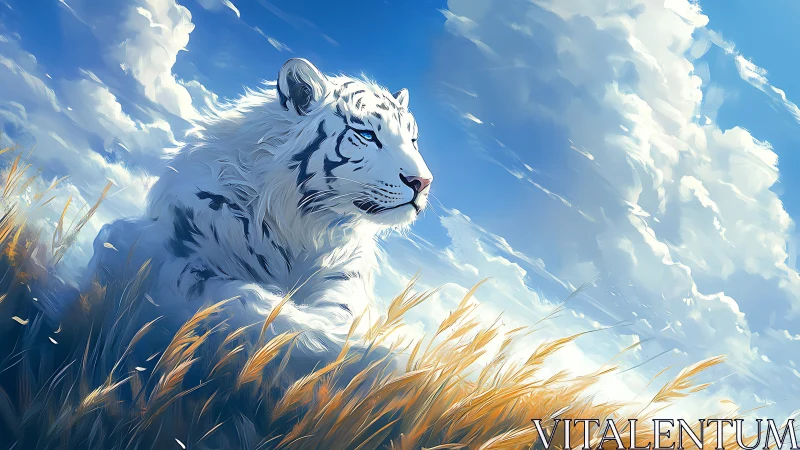 White tiger rests in golden field under sweeping sky