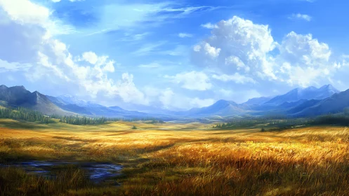 Golden prairie stretches toward distant blue mountain range