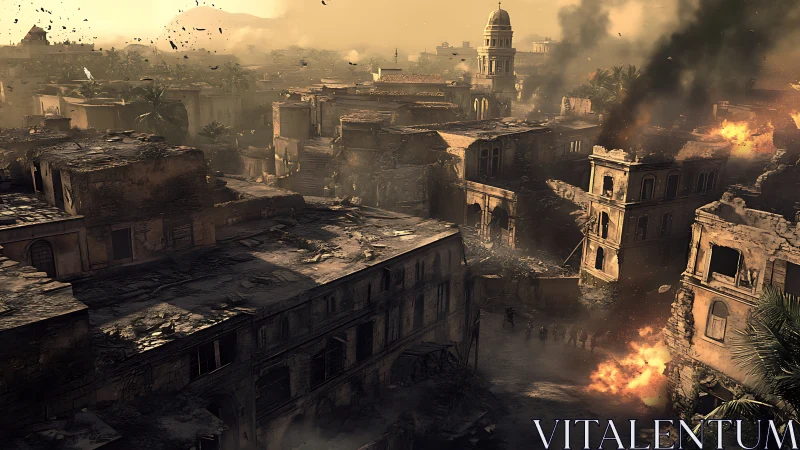 Digital painting of war-torn desert city under bombardment.