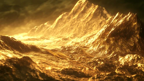 Glowing golden mountains rise like waves in soft warm light