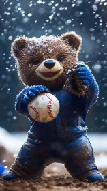 Snow-dusted teddy bear pitcher in muddy baseball field lighting