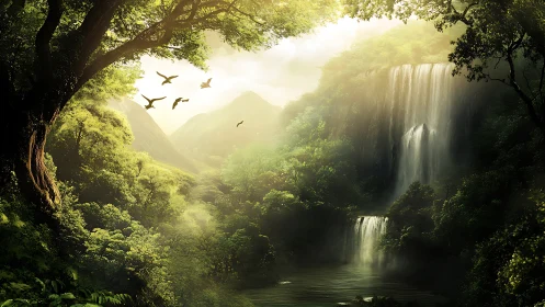 Lush forest valley with cascading waterfalls at sunrise.