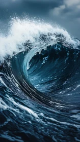 Breaking ocean wave under overcast sky in motion.