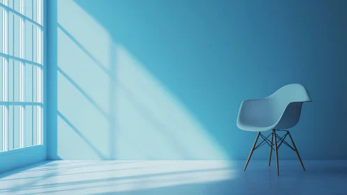 Sunlit blue chair quietly rehearses its geometry of calm
