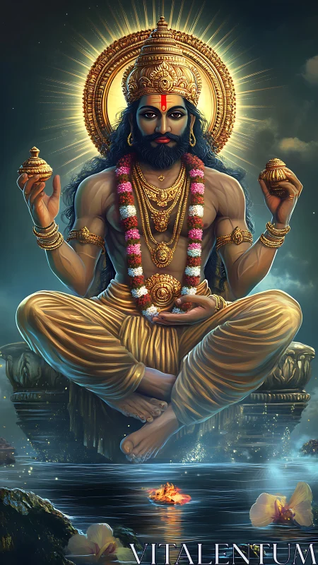 Seated four-armed deity figure levitates above reflective water