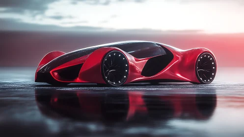 Futuristic red concept supercar on wet reflective surface.