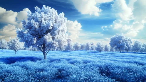 Iridescent blue meadowscape with frost-touched trees under skies.
