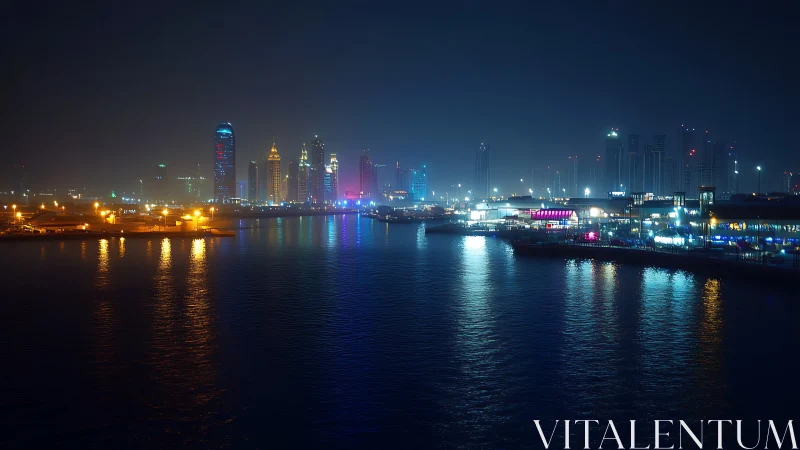 Coastal city skyline at night with illuminated waterfront.