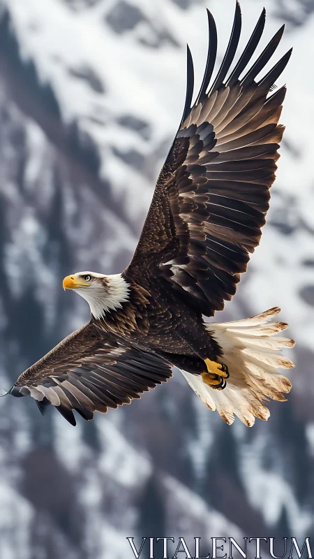 Bald eagle soaring with wings spread over snowy mountains.