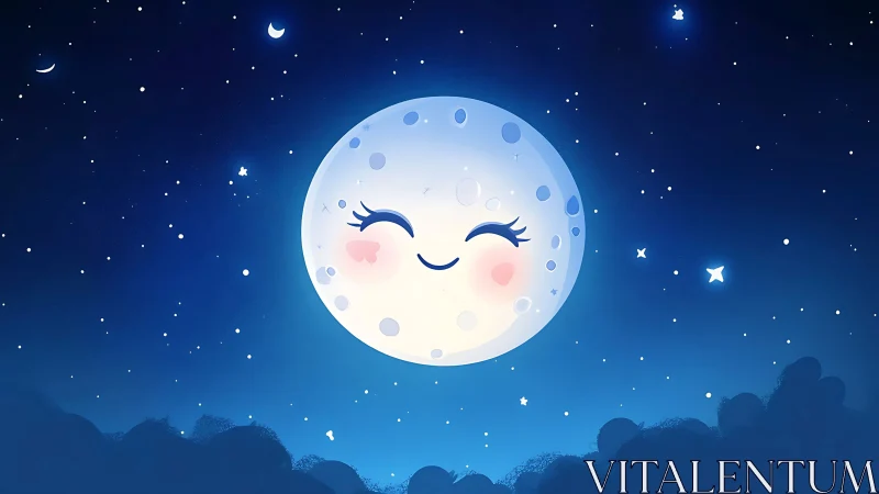 Smiling cartoon moon in soft blue starry night sky.