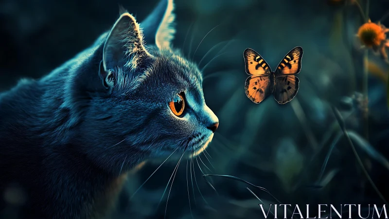 Cat's Fascinated Gaze Meets Golden Butterfly in Twilight