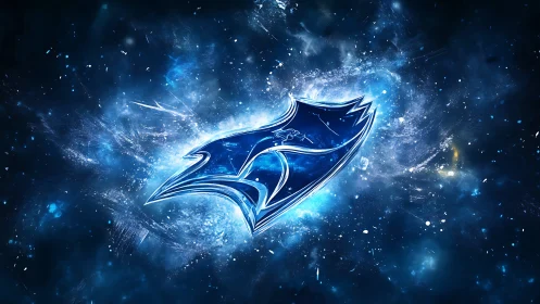 Stylized blue hawk emblem in dynamic cosmic field.