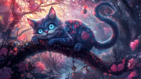 Stylized Feline in Luminescent Flora Environment with Blue Eyes