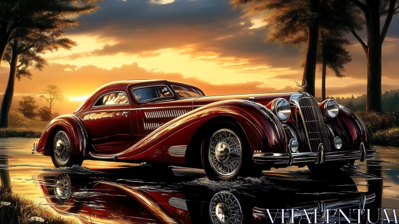Crimson art deco roadster drifting through molten sunset reflections.