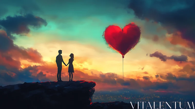 Silhouetted Couple Holding Hands with Red Heart Balloon at Sunset.
