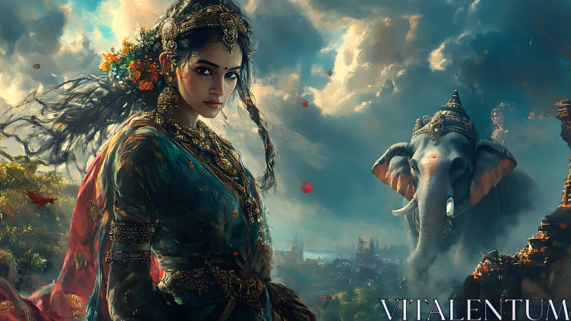 Regal warrior priestess confronts horizon beside crowned elephant