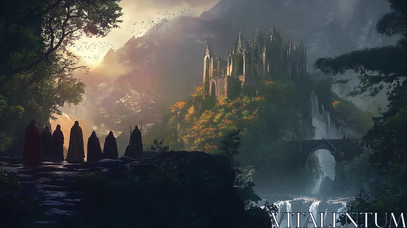 Ritual cloaked figures surveying neo gothic citadel at falls.