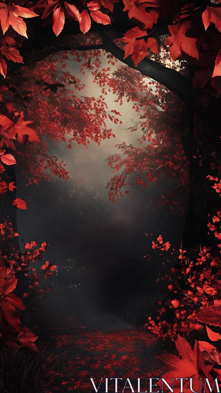 Crimson foliage archway framing a mist-obscured forest void.
