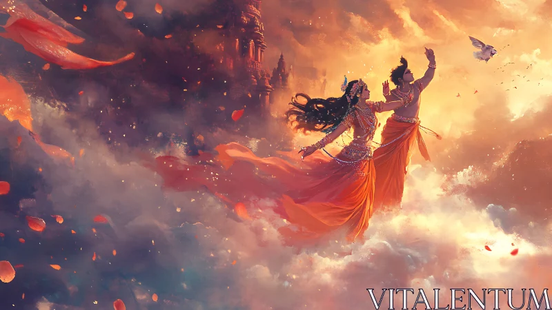 Divine couple dances through radiant clouds and falling petals