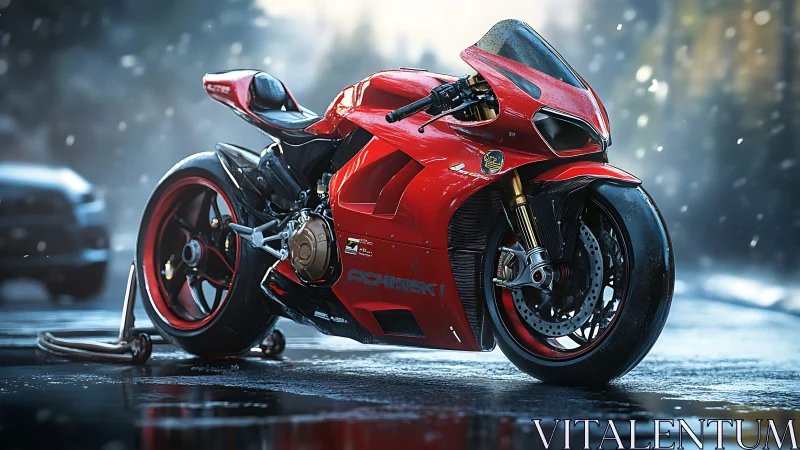 Red sport motorcycle stands on wet pavement in snowfall