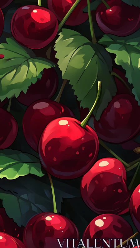 Crimson cherry chorus ripens beneath lush painterly leaves.