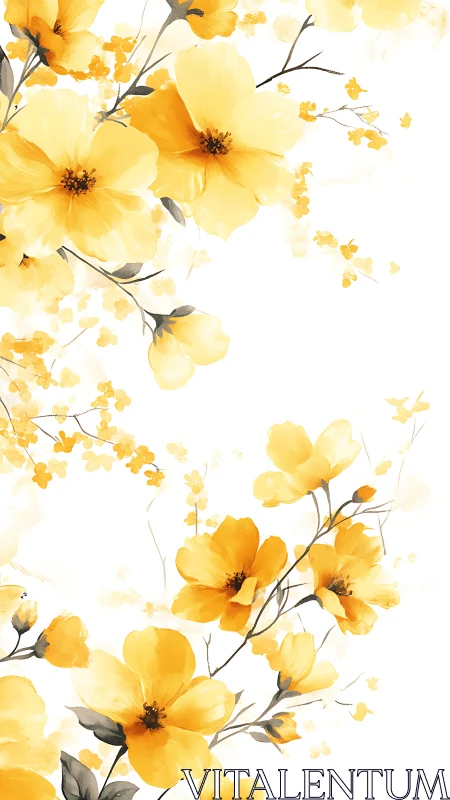 Yellow floral composition with scattered petals on white background.