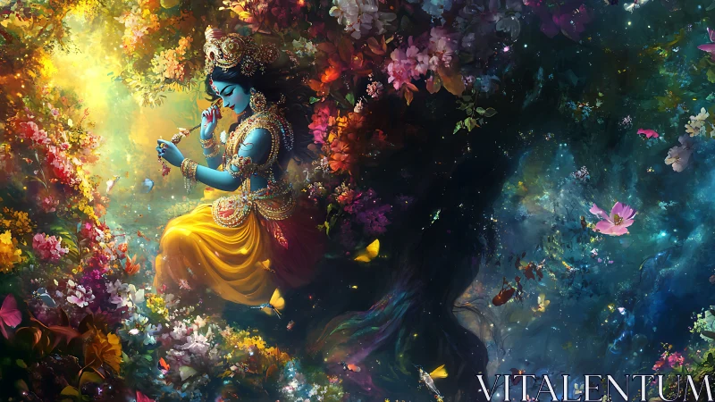 Divine blue figure in luminous floral cosmic forest tableau.
