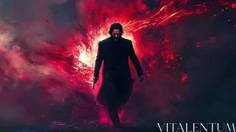 Lone gunman strides through explosive crimson vortex.