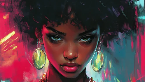 Intense gaze of neon-lit woman amid abstract colors.